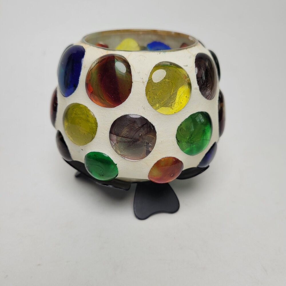 Vintage Wales Japan Glass Jeweled Votive Candle Holder Multicolor Bubbled Glass